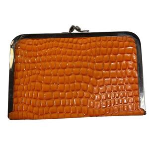Faux CROCO Leather Clutch Wallet Evening BAG Orange Kiss Lock Silver Crocodile